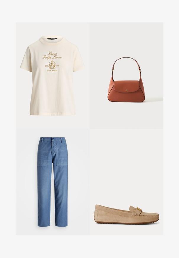 Kreemikas lühikeste varrukatega t-särk, ees kuldse tikandi ja tekstiga "Lauren Ralph Lauren EST. 1996 New York" ning vapp.; Heledad sinine teksapüks, sirge jala disainiga, kahe eesmine taskuga ja nööbiga kinnitus vööl. Sile tekstuur.; Beežidest seemisnahast kergestikleeritavad jalatsid, millel on õmblused, kuldne metallist pandl ülaosas ja kummist tald haakuvate naeltega.; Pruunist nahast õlakott struktureeritud kujuga, klapiga kinnise, reguleeritava rihmaga ja esiküljel väikese kuldse "RL" logoga.