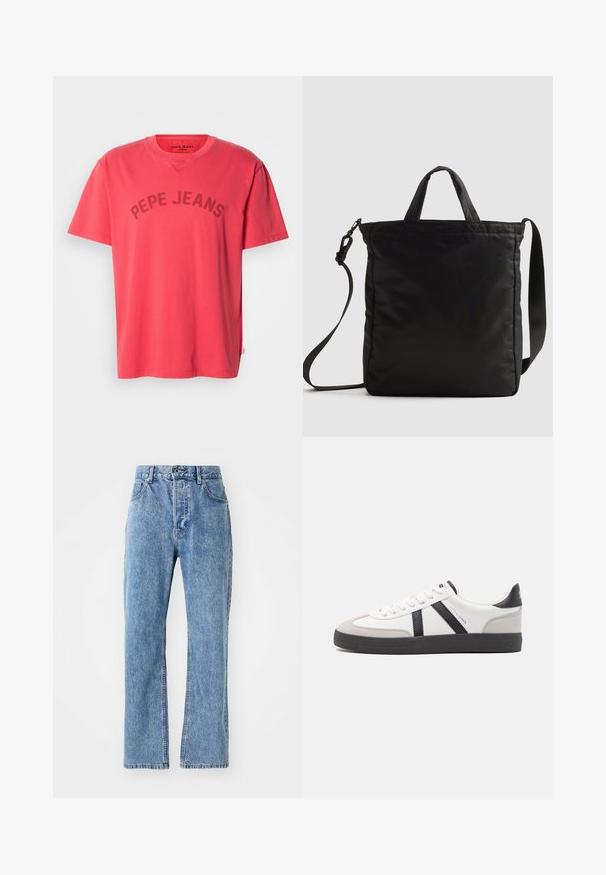 Korallenfarbenes Baumwoll-T-Shirt mit kurzen Ärmeln und Rundhalsausschnitt. Mit dem Schriftzug "PEPE JEANS" in dunklen Buchstaben auf der Brust.; Hellblaue Denim-Jeans mit hoher Taille, weitem Bein-Design, klassischem Fünf-Taschen-Stil und dezentem Verblassen des Materials.; Weiße Sneaker mit schwarz- und grau-aczenten, ausgestattet mit einer strukturierten grauen Zehenkappe, schwarzer Gummi-Sohle und flachen weißen Schnürsenkeln. Sauberes Design, minimalistische Stil.; Schwarze Nylon-Tote-Bag mit kurzen Griffen und einem abnehmbaren Schultergurt, die ein elegantes, gestepptes Design und minimale Hardware-Details aufweist.