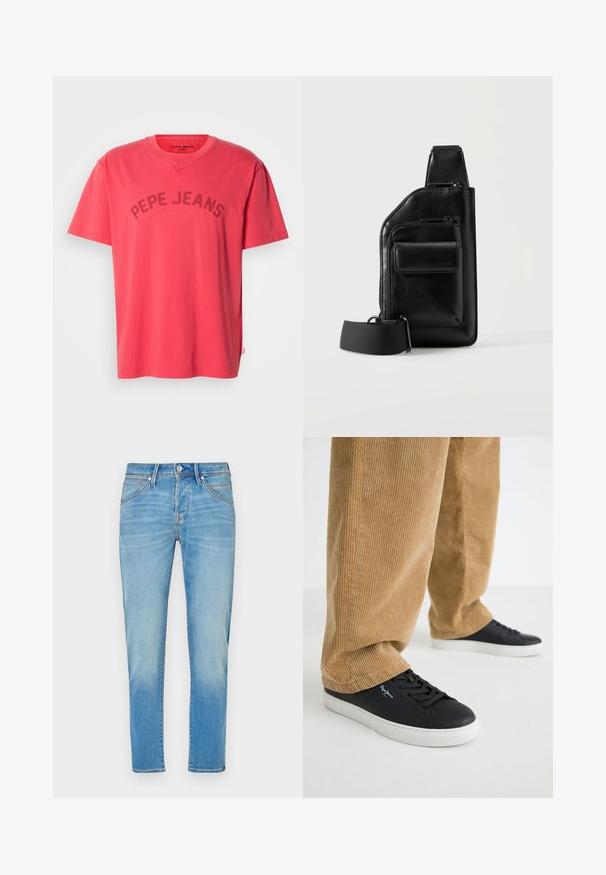 Korálové bavlnené tričko s krátkymi rukávmi a okrúhlym výstrihom. Na hrudi je nápis "PEPE JEANS" vytlačený tmavými písmenami.; Svetlomodré džínsy s rovnými nohavicami, so zapínaním na gombík, piatimi vreckami a jemným vyblednutím látky.; Čierne kožené tenisky s bielymi gumovými podrážkami. Nosené s hnedými kordové nohavicami so zvislými ryhami a voľným strihom.; Čierna kožená crossbody taška s dvoma vreckami na zips, jedným predným vreckom s klopou a nastaviteľným látkovým popruhom na bielom pozadí.