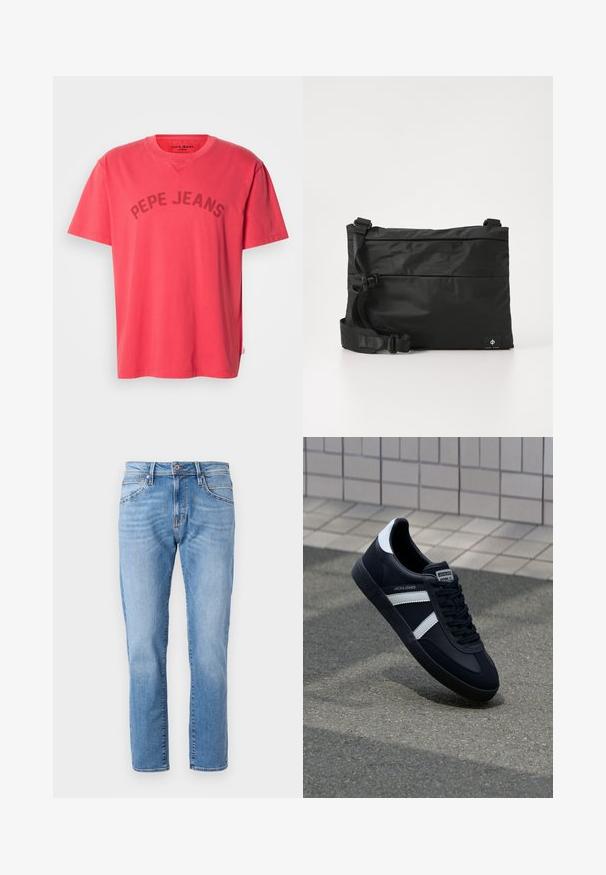Koralfarvet bomulds-T-shirt med korte ærmer og rund halsudskæring. Har "PEPE JEANS" trykt i mørke bogstaver hen over brystet.; Lyseblå denimjeans med lige ben, klassisk fem-pocket design, subtilt slid og en kontrastknaplukning i taljen.; Sort lædersneaker med hvide striber, tekstureret gummisål og snørrebånd foran. Har et brandet mærke på tungen.; Sort nylon messenger-taske med justerbar rem, fladt design og et sideetiket med et logo. Glat tekstur og minimalistisk stil.