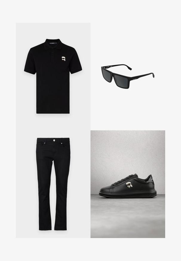 Schwarzes Polohemd aus Baumwolle mit einem Kragen, drei Knöpfen und einem kleinen weißen Logo auf der linken Brust. Kurze Ärmel und gerader Schnitt.; Schwarze Denim-Jeans im slim fit Schnitt, mit geradem Bein, im Fünf-Taschen-Stil und Metallknopfverschluss, mit minimalen Steppdetails.; Person trägt schwarze Lederhosen und schwarze Sneakers mit einem kleinen Comic-Charakter-Anhänger an der Seite, steht auf einem Holzboden.; Schwarze rechteckige Sonnenbrille mit Karl Lagerfeld-Logo an den Bügeln und dunkel getönten Gläsern vor weißem Hintergrund.
