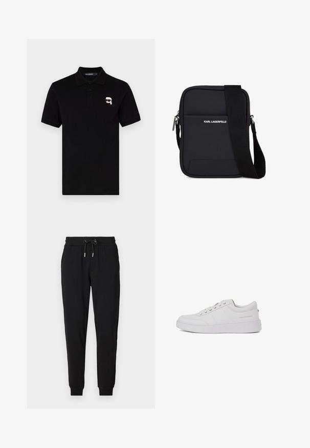 Zwarte polo in katoen met een kraag, drie knopen en een klein wit logo op de linkerborst. Korte mouwen en rechte snit.; Zwarte joggingsbroek met een elastische tailleband, verstelbare koord, zijzakken en tapered pijpen. Gemaakt van zachte, rekbare stof.; Witte leren sneakers met een klassiek low-top ontwerp, platte zool en subtiele merklogo op de hiel. Voorzien van vijf metalen oogjes voor veters.; Zwarte rechthoekige crossbodytas met verstelbare riem, voorvak en "KARL LAGERFELD" logo in witte tekst.
