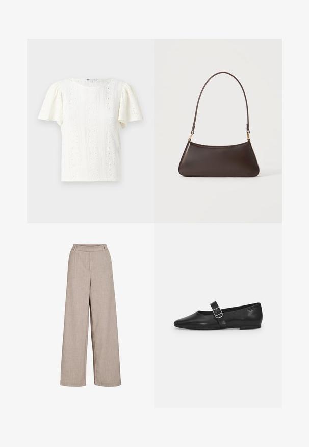 Weißes T-Shirt mit kurzen Ärmeln, das ein strukturiertes Strickmuster mit Lochdetails und subtilen horizontalen Streifen zeigt. Runder Ausschnitt.; Beige weite Hosen aus leichtem Stoff. Sie besitzen eine glatte Textur, eine eng anliegende Taille und seitliche Taschen für praktische Details.; Schwarzer Lederflatschuh mit runder Zehenform, einem verstellbaren Schnallenriemen und einer glatten, glänzenden Oberfläche. Minimalistisches Design mit einem niedrigen Absatz.; Dunkelbraune Lederhandtasche mit geschwungenem oberen Reißverschluss und schmalem Schulterriemen mit goldfarbenen Verschlüssen auf einfarbigem Hintergrund.