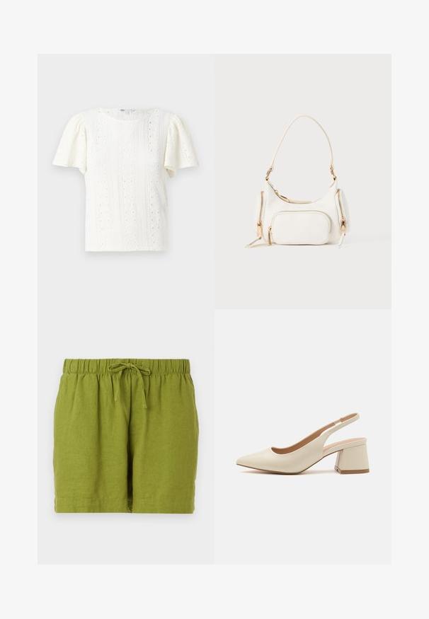 T-shirt blanc à manches courtes présentant un motif en tricot texturé avec des détails en œillets et de délicates rayures horizontales. Encolure ronde.; Shorts en lin verts avec une taille élastique et un cordon de serrage ajustable, présentant une coupe décontractée et un ourlet droit.; Mocassin à talon bas et bout pointu en cuir beige clair avec une bride arrière. Présente un design découpé et une texture lisse.; Sac à main blanc avec une bandoulière courte, surface texturée, plusieurs poches zippées et accents en métal doré. Design compact et moderne.