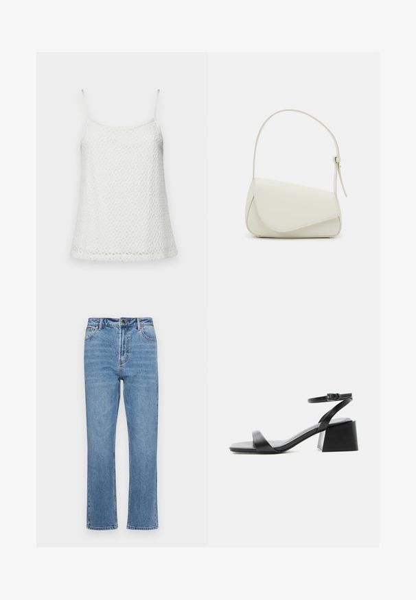 Witte gehaakte tanktop met dunne bandjes, met een gestructureerde, patroonstof en een iets uitlopende silhoeët aan de zoom.; Lichtblauwe denim jeans met een rechte pijp, vijf zakken, een sluiting met een knoop aan de voorkant en subtiele vervaging op de stof.; Zwarte leren sandaal met open teen, blokhak, smalle enkelband en gesp sluiting, zijaanzicht op witte achtergrond.; Witte nepleren handtas met een gestructureerde driehoekige vorm, een enkele verstelbare schouderriem en een klep met ronde accenten.