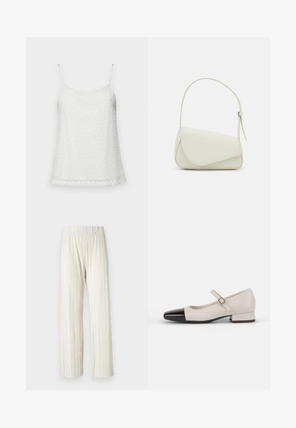 Top de ganchillo blanco sin mangas con tirantes finos, que presenta un tejido texturizado y con patrón, y una silueta ligeramente acampanada en el dobladillo.; Pantalones de pierna ancha con pliegues en beige claro, con una cinturilla elástica. Fabricados con un tejido ligero con textura vertical en toda su superficie.; Zapato estilo Mary Jane en cuero crema con puntera de charol negro. Presenta una punta redonda, tirante en el tobillo con una hebilla cuadrada y un tacón bajo y cuadrado.; Bolso de mano de imitación cuero blanco con una forma triangular estructurada, correa ajustable única y cierre con solapa acentuada en curva.