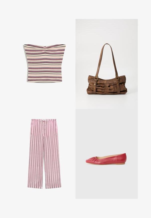 Stripet tube top med vandrette pink, sorte og beige striber, let samlet ved centerbusten.; Lyserøde stribede bredbenede bukser med sorte og grå lodrette striber. Fremstillet af letvægtsstof og med en elastisk talje for komfort.; Røde læder balletflade med en rund tå og samling foran. Flad sål og glat tekstur. Designet til hverdagsbrug.; Even&Odd Håndtasker - brown