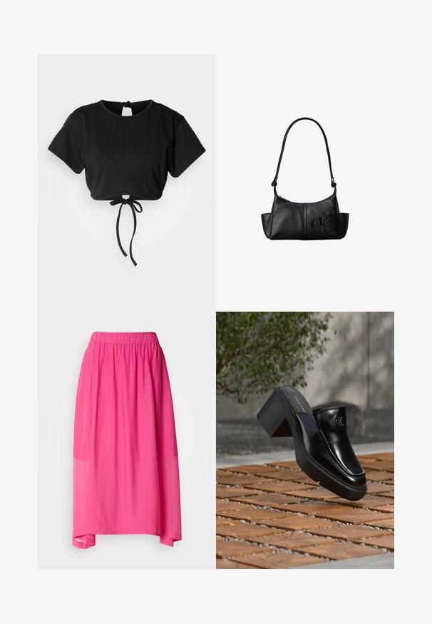 Schwarzes, kurz geschnittenes T-Shirt aus weichem Stoff, mit kurzen Ärmeln, einem runden Halsausschnitt und einem Bindeband auf der Rückseite zur Anpassung.; Rosa Midirock mit elastischem Taillenbund, der ein geschichtetes Design und durchsichtige Akzente aufweist, was eine fließende Silhouette und weiche Textur schafft.; Schwarze Leder-Slip-on-Mule von Calvin Klein mit Blockabsatz, die auf Holzfliesen im Freien nahe einer grünen Pflanze und einer grauen Wand ruht.; Schwarze Leder-Schultertasche mit langem Träger, Seitentaschen und eingeprägtem Calvin Klein-Logo auf der Vorderseite.