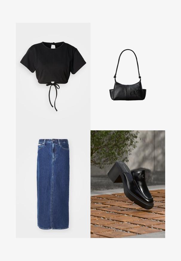 Sort cropped t-shirt lavet af blødt stof, med korte ærmer, rund halsudskæring og en bindedetalje bagpå til justering.; Mørkeblå denimnederdel, knælang, med slidse foran, traditionel talje og fem-lommes design med kontrasterende syninger.; Sort læder Calvin Klein slip-on mule med blokhæl, der hviler på trætøj udendørs nær en grøn plante og en grå væg.; Sort læder skuldertaske med lang rem, sidelommer og præget Calvin Klein-logo på fronten.