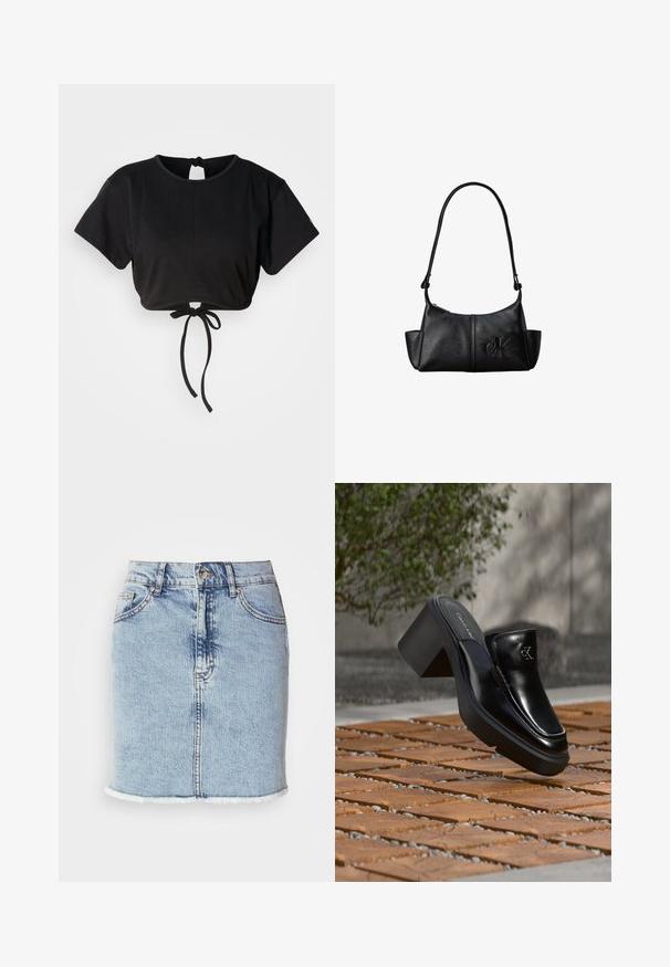 Zwarte cropped t-shirt gemaakt van zachte stof, met korte mouwen, een ronde halslijn en een strikdetail op de rug voor aanpassing.; Lichtblauwe spijkerrok met een rechte snit, rafelige zoom, vijf zakken en een sluiting met knopen aan de voorkant. Vlotte textuur met vervaagde accenten.; Zwarte leren Calvin Klein slip-on mule met blokhak rustend op houten tegels buiten, vlak bij een groene plant en een grijze muur.; Zwarte leren schoudertas met lange band, zijvakjes en een reliëflogo van Calvin Klein aan de voorkant.