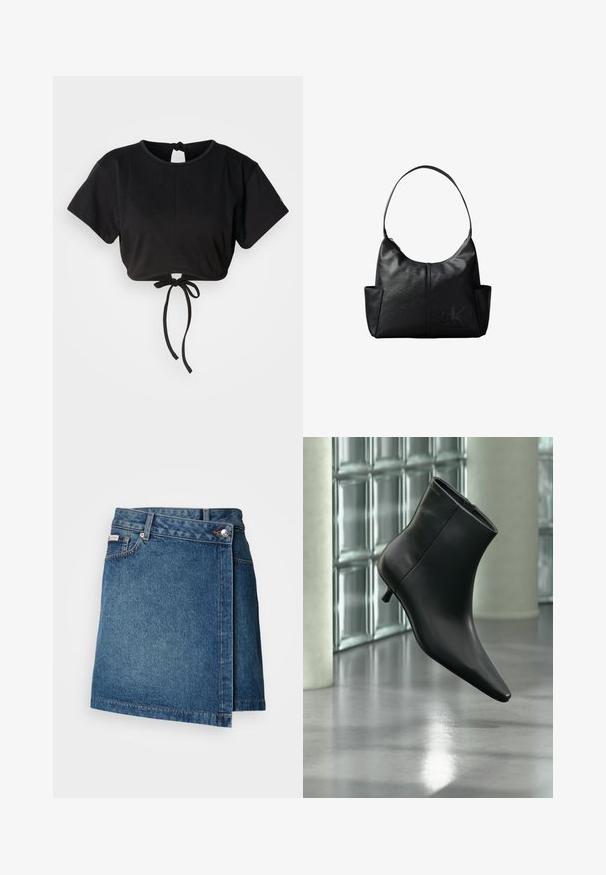 Sort cropped t-shirt lavet af blødt stof, med korte ærmer, rund halsudskæring og en bindedetalje bagpå til justering.; Denim nederdel i mellemblå med wrap-design, der har en knap- og lynlåslukning, samt synlig stikning langs kanten.; Sort læderankelstøvle med spids tå og lav kitten-hæ, vist vinklet mod en poleret gulv- og glasblokvæg.; Sort læder skuldertaske med en enkelt rem, sidelommer og et diskret prægede Calvin Klein-logo på forsiden nederst til højre.