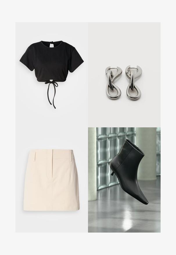 Sort cropped t-shirt lavet af blødt stof, med korte ærmer, rund halsudskæring og en bindedetalje bagpå til justering.; Calvin Klein Jeans SKIRT - A-snit nederdel - fog; Sort læderankelstøvle med spids tå og lav kitten-hæ, vist vinklet mod en poleret gulv- og glasblokvæg.; Par af sølvtonede metale øreringe med abstrakt sammenflettet løbedesign på hvid baggrund.