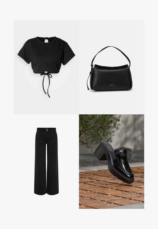 Camiseta corta negra hecha de tejido suave, con mangas cortas, escote redondo y un detalle de lazo en la parte posterior para ajuste.; Pantalones de mezclilla negros de pierna ancha con cintura alta, que cuentan con un cierre frontal con botón, dos bolsillos laterales y un diseño clásico de cinco bolsillos.; Mule tipo slip-on de cuero negro de Calvin Klein con tacón de bloque descansando sobre baldosas de madera al aire libre cerca de una planta verde y una pared gris.; Bolso de mano de cuero negro con una forma curva, una sola correa y un cierre de cremallera en la parte superior. Presenta un logo sutil en la parte delantera para la marca.