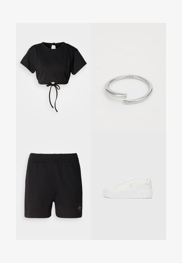 Schwarzes, kurz geschnittenes T-Shirt aus weichem Stoff, mit kurzen Ärmeln, einem runden Halsausschnitt und einem Bindeband auf der Rückseite zur Anpassung.; Schwarze Baumwollshorts mit einem elastischen Bund und Calvin Klein-Logo in Silber in der unteren rechten Ecke. Glatte Textur.; Weiße Plattform-Sneaker mit einem glatten Leder-Obermaterial, abgerundetem Zehenbereich, weißen Schnürsenkeln und dezentem Logo-Detail an der Seite. Flache Gummisohle.; Calvin Klein SPIRAL - Armband - silver-coloured