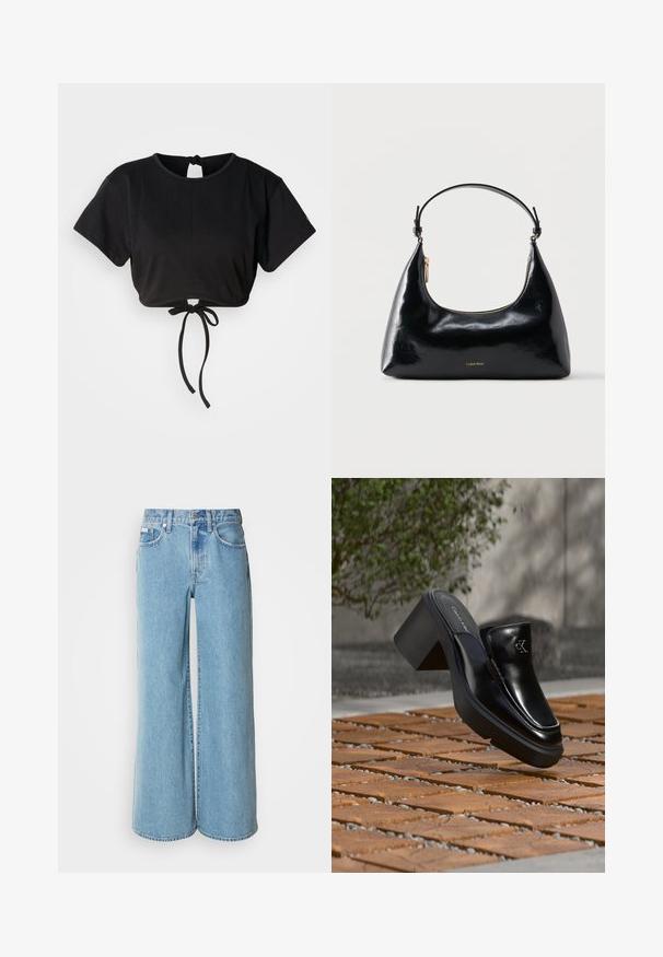 Sort cropped t-shirt lavet af blødt stof, med korte ærmer, rund halsudskæring og en bindedetalje bagpå til justering.; Lyseblå brede jeans lavet af denim, med høj talje, fem-lomme design og subtil falming langs stoffet.; Sort læder Calvin Klein slip-on mule med blokhæl, der hviler på trætøj udendørs nær en grøn plante og en grå væg.; Sort blank Calvin Klein håndtaske med gyldent lynlås og kort rem mod en ensfarvet hvid baggrund.