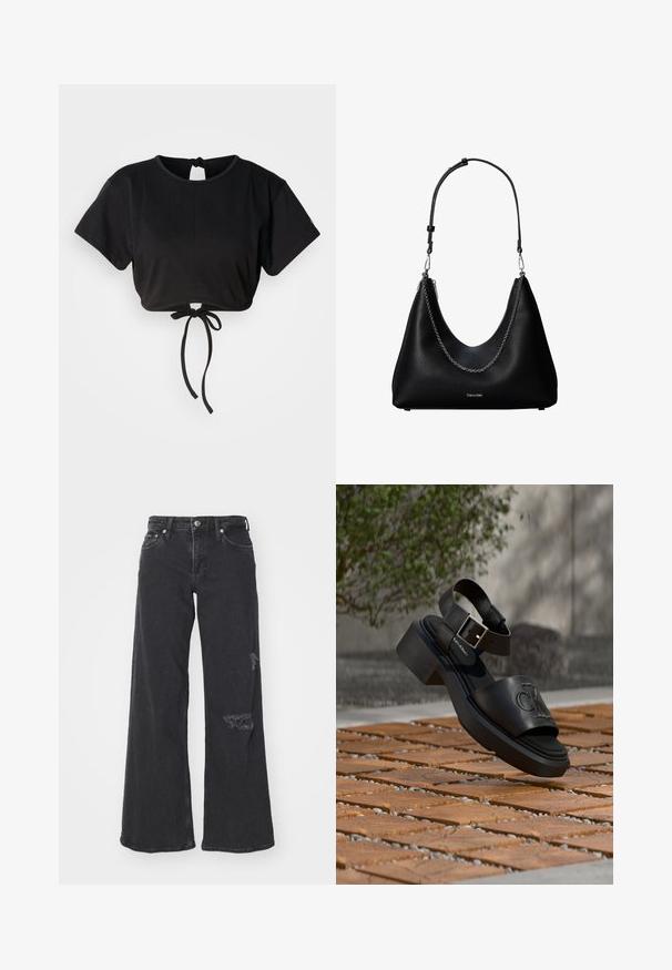 Camiseta corta negra hecha de tejido suave, con mangas cortas, escote redondo y un detalle de lazo en la parte posterior para ajuste.; Vaqueros de mezclilla negra de pierna ancha con detalles desgastados en la parte inferior de la pierna derecha. Cuenta con un cierre de botón clásico y diseño de cinco bolsillos.; Sandalia negra de cuero de Calvin Klein con correa en el tobillo y hebilla, flotando sobre un suelo exterior de madera y baldosas de piedra.; Bolso de mano de cuero negro con detalle de cadena plateada y correa de hombro ajustable, con el logo de Calvin Klein en la parte frontal.