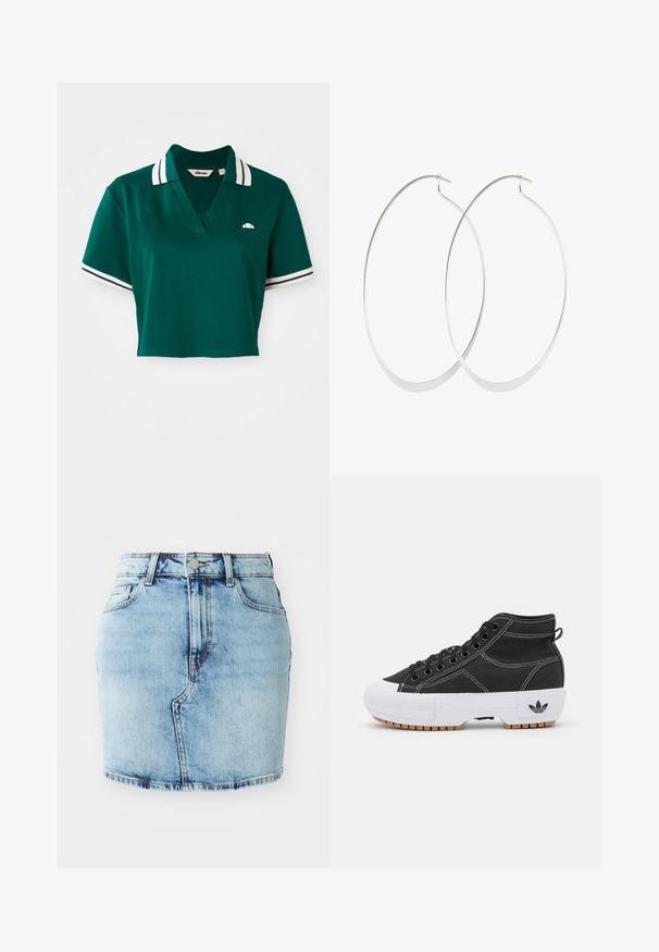 Camisa polo verde corta hecha de algodón, con cuello en V, mangas cortas con rayas blancas y marinas, y un pequeño logotipo en el pecho.; Falda de mezclilla de color azul claro con una forma ajustada, cinco bolsillos, cierre de botón y cremallera, y detalles cosidos a lo largo del dobladillo.; adidas Originals NIZZA TREK - Zapatillas altas - core black/footwear white; Pendientes de aro plateados con un diseño delgado y suave; forma ovalada alargada; acabado pulido; presentan un cierre de gancho seguro.