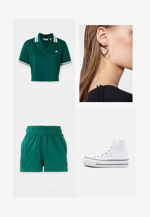 Grünes, kurzes Polohemd aus Baumwolle mit V-Ausschnitt, kurzen Ärmeln mit weißen und marineblauen Streifen sowie einem kleinen Logo auf der Brust.; Grüne lässige Shorts mit elastischem Bund, Seitentaschen und dezentem Logo am rechten Oberschenkel.; Weiße High-Top-Sneaker aus einem Material aus Segeltuch, mit schwarzer Gummisohle und kontrastierendem schwarzen Streifen auf der Zwischensohle. Runde Zehenkappe und Schnürdesign.; Silberne Creolen mit polierter Oberfläche, die kleine goldene Akzentdetails und eine runde Form aufweisen, am Ohrläppchen getragen.