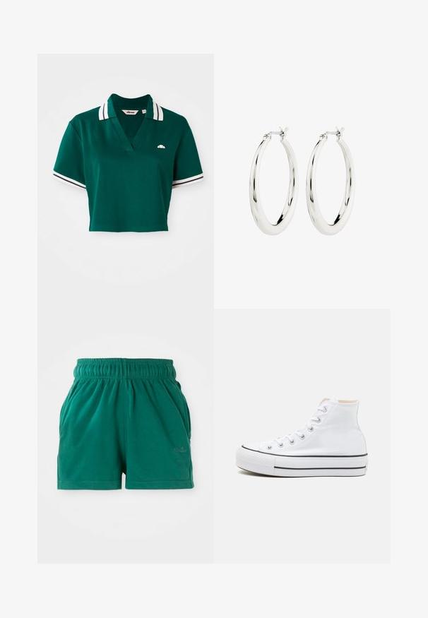 Grøn, kortærmet polo skjorte lavet af bomuld, med V-hals, korte ærmer med hvide og marinefarvede striber, og et lille logo på brystet.; Grønne elastiske casual shorts med sidelommer og en diskret logo på højre ben.; Hvide høj-top sneakers lavet af kanvasmateriale, sort gummisål og kontrasterende sort stribe på mellemsålen. Rund tåhætte og snørebåndsdesign.; Sølvøreringe i form af hoops med en glat, blank finish. Cirkulær form, der har en sikker lås. Simpelt og elegant design.