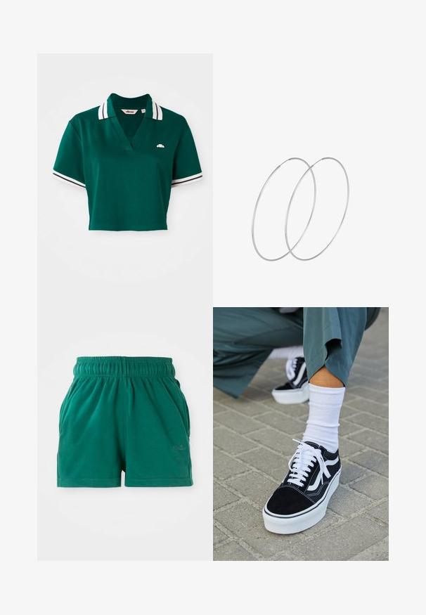Grünes, kurzes Polohemd aus Baumwolle mit V-Ausschnitt, kurzen Ärmeln mit weißen und marineblauen Streifen sowie einem kleinen Logo auf der Brust.; Grüne lässige Shorts mit elastischem Bund, Seitentaschen und dezentem Logo am rechten Oberschenkel.; Schwarze Wildledersneaker mit weißen Akzenten und Schnürsenkeln, ausgestattet mit einer dicken weißen Sohle und kontrastierenden Nähten, kombiniert mit einer weißen Socke.; Silberne Creolen mit minimalistischem Design. Rundform, glatte Oberfläche und dünnes Profil. Leichtgewichtig mit hochglänzender Oberfläche.