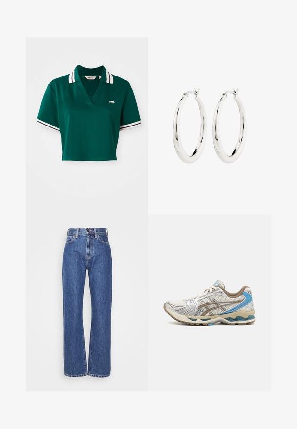 Grünes, kurzes Polohemd aus Baumwolle mit V-Ausschnitt, kurzen Ärmeln mit weißen und marineblauen Streifen sowie einem kleinen Logo auf der Brust.; Blaue Denim-Jeans mit weitem Bein, hoher Taille, Kontrastnähten und klassischem Fünf-Taschen-Design. Strukturierter Stoff mit glatter Oberfläche.; Weißer und beiger Laufschuh mit blauen Akzenten, Mesh-Obermaterial, gepolsterter Sohle und Schnürdesign, von der Außenseite gezeigt.; Silberne Creolen mit einer glatten, glänzenden Oberfläche. Kreisform, ausgestattet mit einem sicheren Verschluss. Einfaches und elegantes Design.