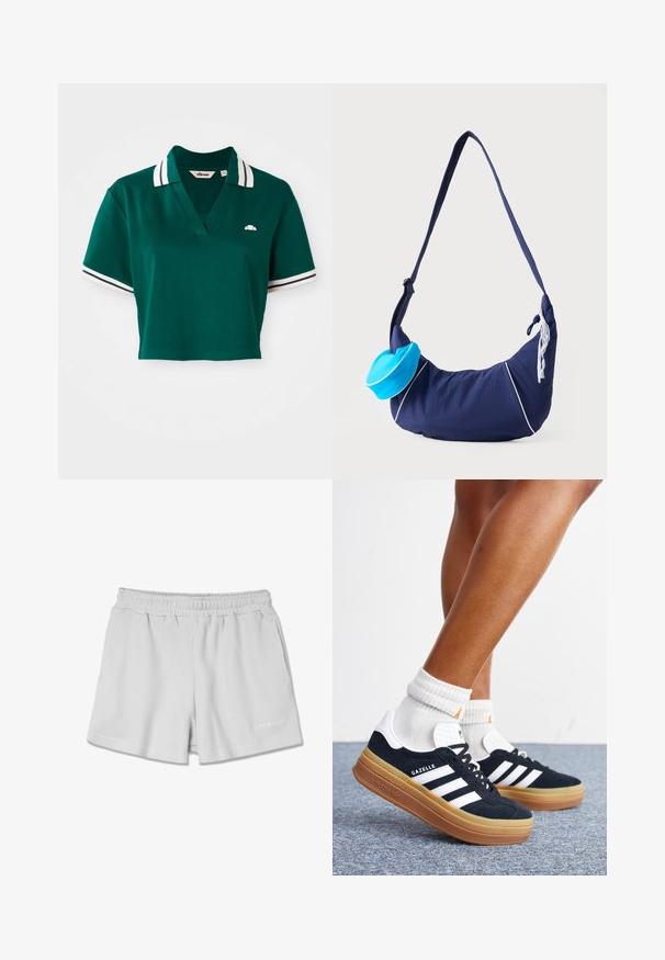 Camisa polo verde corta hecha de algodón, con cuello en V, mangas cortas con rayas blancas y marinas, y un pequeño logotipo en el pecho.; Pantalones cortos de canalé gris claro con una cinturilla elástica, que presentan dos bolsillos laterales y un pequeño logo blanco en la parte inferior derecha.; Piernas con calcetines blancos y zapatillas Adidas Gazelle negras con rayas blancas y suelas marrones gruesas sobre un suelo alfombrado gris.; Bolso de hombro azul marino con correa larga, detalles en blanco, un pequeño bolsillo brillante azul adherido y decoración de encaje blanco en el lateral.