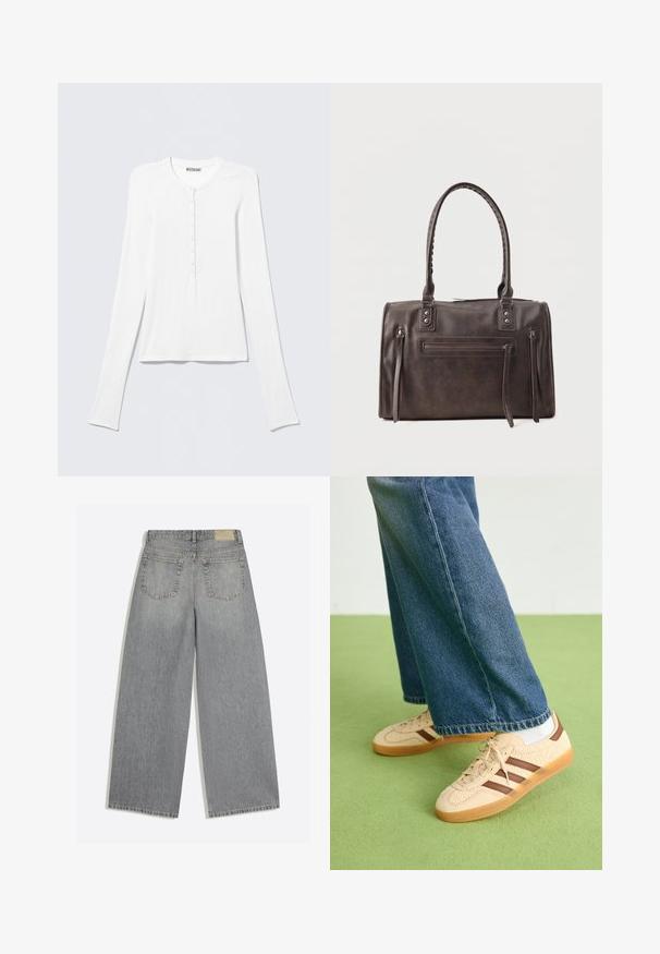 Wit Henley-shirt met lange mouwen, een ronde hals en een verticale rij kleine knopen middenvoor.; Grijze wijde denim jeans met achterkant met twee zakken en riemlussen plat op een witte achtergrond gelegd.; Beige sneakers met gestructureerde crèmekleurige panelen en bruine strepen, gecombineerd met blauwe denim jeans. De jeans hebben een brede pijp en een rafelige zoom.; Donkerbruine leren handtas met dubbele handvatten, een voorvak met rits en twee verticale zijritsdetails op een witte achtergrond.