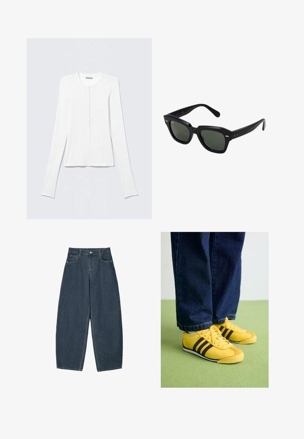Chemise Henley blanche à manches longues avec col rond et une rangée verticale de petits boutons au centre devant.; Jeans en denim bleu foncé à jambes larges avec une taille haute, dotés de cinq poches et de détails de couture visibles. Design épuré et minimal.; Baskets en cuir jaune avec rayures noires, un bout texturé et une semelle blanche, associées à un jean en denim sombre, posées sur une surface verte.; Lunettes de soleil carrées noires avec des verres vert foncé, présentant des montures audacieuses et des accents argentés sur les côtés. Fabriquées en Italie.