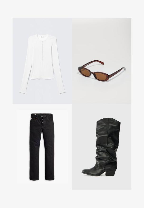 Wit Henley-shirt met lange mouwen, een ronde hals en een verticale rij kleine knopen middenvoor.; Zwarte denim jeans met een rechte snit, vijf-pocket ontwerp en een knoopsluiting. Beschikt over koperen klinknagels en stikselaccenten.; Zwarte leren laarzen tot de knie met een verslonden ontwerp, puntige neus en een chunky hak, voorzien van een zachte textuur en minimale stiksels.; Ronde, bruin getinte zonnebril met een glanzend bordeauxrood frame. Slanke pootjes met subtiele merkdetails. Vlakke lensontwerp.