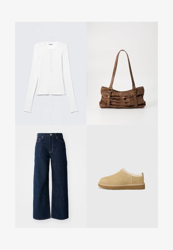 Chemise Henley blanche à manches longues avec col rond et une rangée verticale de petits boutons au centre devant.; Jeans en denim bleu foncé à jambes larges avec des coutures contrastées, un design à cinq poches et une fermeture à bouton à la taille.; Chaussure en daim à enfiler de couleur beige clair, dotée d'une douce doublure en fourrure et d'une semelle en caoutchouc texturé avec un léger talon et une sangle à l'arrière pour un enfilage facile.; Even&Odd Sac à main - brown
