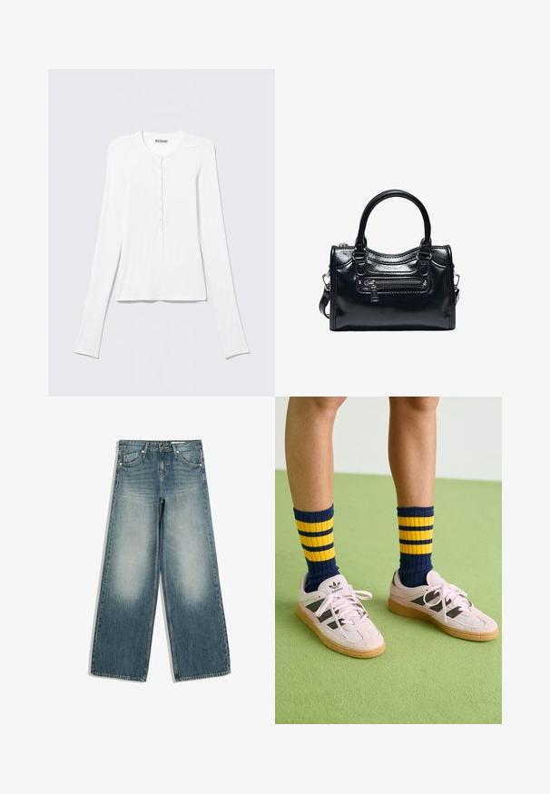 Weißes Langarm-Henley-Shirt mit rundem Ausschnitt und einer vertikalen Reihe kleiner Knöpfe in der vorderen Mitte.; Blaue Jeans mit weitem Bein, ausgebleichten Vorderteilen an den Oberschenkeln, Fronttaschen, Gürtelschlaufen und Knopfverschluss.; Helle rosa Wildledersneaker mit schwarzen Streifen und Gummisohlen, kombiniert mit navyblauen und gelben gestreiften Rippsocken. Grüner strukturierter Boden.; Schwarze glänzende Lederhandtasche mit zwei Griffen, vorderer Reißverschlusstasche und abnehmbarem Schulterriemen auf weißem Hintergrund.
