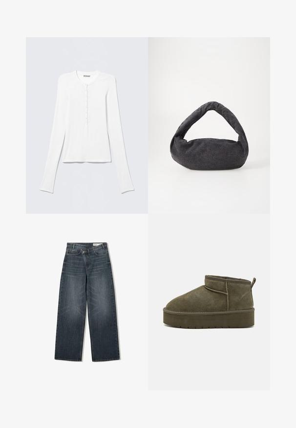 Hvid Henley trøje med lange ærmer, rund halsudskæring og en vertikal række små knapper ned foran i midten.; Mørk vaskede denim jeans med en bred benudskæring, der har høj talje, fem lommer og diskrete slidser på forsiden.; Olivengrøn ruskind ankelstøvler med rund tå, syninger og en tykkere sål med struktureret mønster. Lille trækflap bagpå.; Mørkegrå stofpose med et buet håndtag, blød tekstur og rund form. Ingen synligt hardware eller pynt.