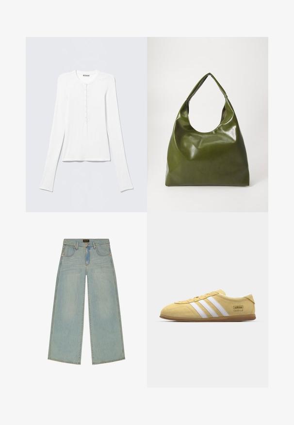 Wit Henley-shirt met lange mouwen, een ronde hals en een verticale rij kleine knopen middenvoor.; Lichtblauwe denim jeans met brede pijpen, voorzakken, riemlussen en een sluiting met knoop en rits.; adidas Originals GAZELLE LO PRO W - Sneakers laag - almost yellow/footwear white; Groene leren hobotas met een slordig ontwerp, gebogen handvat en een gladde textuur. Bevat geen zichtbare hardware of accenten.