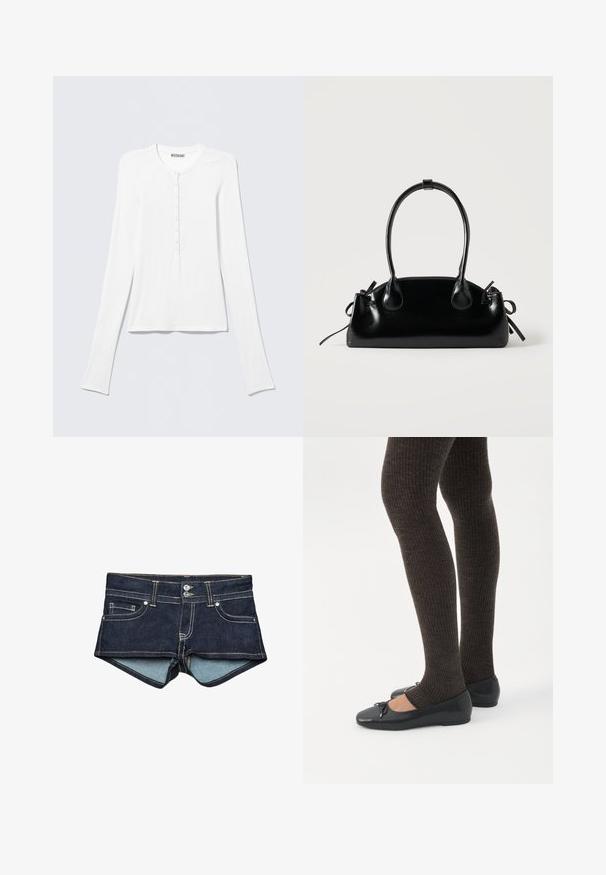 Hvid Henley trøje med lange ærmer, rund halsudskæring og en vertikal række små knapper ned foran i midten.; Denim shorts i mørkeblå med lyseblå indvendig foring, med forlommer, to knapper og kontrastsyning på taljen.; Ben iført mørke ribbede leggings kombineret med sorte balletsko med små sløjfedetaljer på hvid baggrund.; Lille sort blank håndtaske med to lange håndtag og snøre-detaljer i siden på en ensfarvet lys baggrund.
