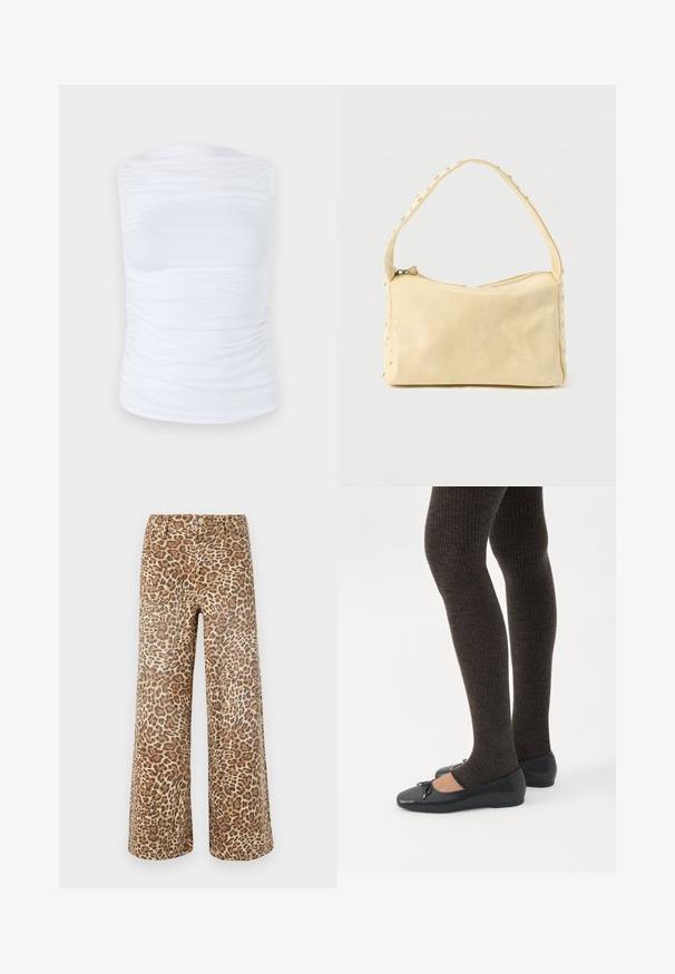 Top sans manches blanc en tissu lisse et extensible avec des détails froncés sur les côtés, présentant un col rond et une silhouette cintrée.; Pantalons larges à imprimé léopard dans des tons beige et marron, avec une taille classique, une fermeture à bouton et un design à cinq poches.; Jambes portant des leggings côtelés foncés associés à des ballerines noires avec de petits détails en nœud sur fond blanc.; Petit sac à main en cuir beige avec une seule bandoulière et des clous argentés le long des bords et de la bandoulière, posé sur un fond uni.