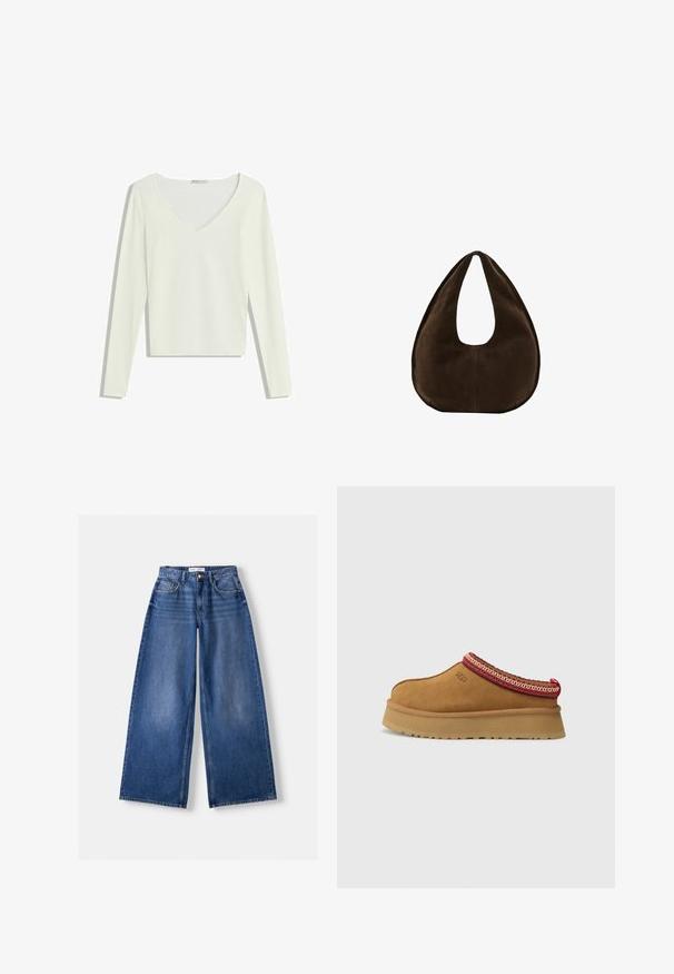 Haut en tricot côtelé blanc à manches longues, avec un décolleté en V et une coupe courte, présenté à plat sur un fond blanc.; Jeans en denim bleu à jambes larges avec poches avant, passants de ceinture et fermeture par bouton, posés à plat sur un fond clair.; Chaussure slip-on en daim marron avec un bord en rouge et crème à motifs, semelle texturée et logo UGG sur le côté. Présente une légère hauteur de plateforme.; Sac à main en daim marron foncé en forme de croissant avec une seule sangle large et une texture lisse sur fond blanc.