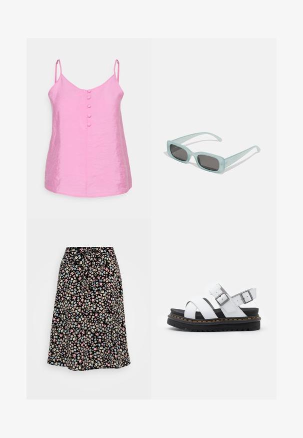 Vero Moda Petite VMQUEENY SINGLET V NECK - Top - cyclamen; Falda midi floral con fondo negro, adornada con pequeñas flores en tonos rosa, azul y beige. Cintura elástica con un detalle de lazo, diseño fluido.; Sandalias de cuero blancas con correas ajustables con hebilla, suela de plataforma negra en capas y detalle de costura naranja a lo largo del borde.; Un par de gafas de sol rectangulares con montura translucida azul clara y lentes gris oscuro, que cuentan con patillas rectas y detalles de hardware mínimos.
