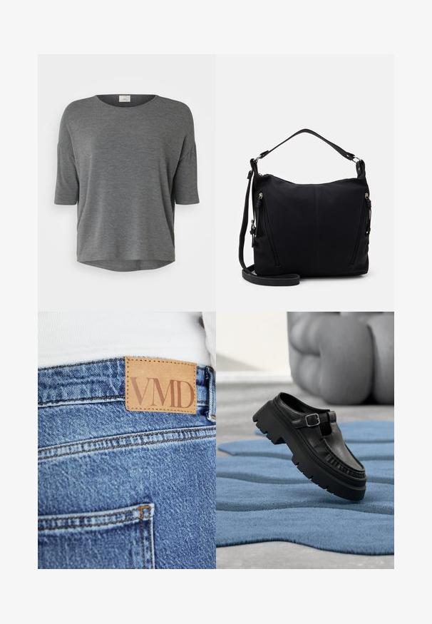 Grå kortærmet top i blødt stof med en afslappet pasform, rund halsudskæring og buet kant. Ingen udprægede mønstre eller detaljer.; Nærbillede af blå denimjeans med brun læderetiket syet på linningen med teksten "VMD".; Sort læderloafer med chunky profil sål og sølvspænde, placeret i en vinkel på et struktureret blåt tæppe.; TOM TAILOR CAIA HOBO BAG MID ROSE - Håndtasker - black