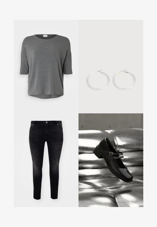 Graues Kurzarmoberteil aus weichem Material mit lockerer Passform, rundem Ausschnitt und abgerundetem Saum. Keine auffälligen Muster oder Akzente.; Schwarze Jeans aus Denim mit slim-fit Schnitt, Fünf-Taschen-Design, Knopfverschluss und sanften Ausbleichungen für eine strukturierte Optik. Minimalistischer Stil, ohne sichtbare Muster.; Schwarzer Mary Jane Schuh aus Leder mit zwei geschnallten Riemen, der über einem glänzenden, gepolsterten silbernen Sofa schwebt.; Paar glänzende silberne Creolen mit dünnen Drahtverschlüssen, dargestellt vor einem hellgrauen Hintergrund.