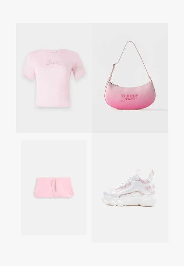 Roze katoenen t-shirt met korte mouwen, met het woord "Juicy" in rhinestones op de borst. Klassieke ronde halslijn en fitted ontwerp.; Roze shorts van zachte stof, met een koord met zilverkleurige tips en een klein geborduurd logo in de rechterbenedenhoek.; Witte chunky sneaker met glinsterende roze panelen, dikke zool, veters aan de voorkant en een trekkoordje bij de hiel, op een effen lichte achtergrond.; Roze schoudertas met verloopkleur, gebogen vorm, verstelbare riem en 'tommy jeans' in reliëf aan de voorkant.