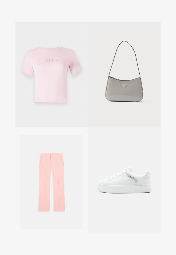 Roze katoenen t-shirt met korte mouwen, met het woord "Juicy" in rhinestones op de borst. Klassieke ronde halslijn en fitted ontwerp.; Lichtroze joggingbroek gemaakt van zachte stof, met een trekkoord in de taille, zijzakken met ritssluiting en subtiele stiksels langs de benen.; Witte lage sneaker met veter aan de voorkant, zilveren strass chevron detail en een gestructureerde zool op een effen achtergrond.; Grijze schoudertas van lakleer met een gebogen ontwerp, zwarte bies en een zilverkleurige logoplaat aan de voorkant. Verstelbare riem voor veelzijdig gebruik.