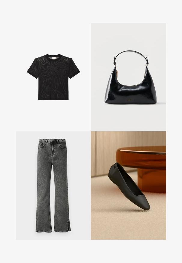 Zwart mesh T-shirt met korte mouwen en ronde hals met het uitgerilde "cK"-logo centraal aan de voorkant.; Zwarte flared jeans met een vervaagde wassing, hoge taille en zijopeningen aan de zoom. Gemaakt van denim met een soepele textuur en een klassiek vijf-pocket ontwerp.; Zwarte platte schoen met puntige neus, rustend op een beige tapijt naast een ronde amberkleurige tafel in een minimalistische kamer.; Zwarte glanzende Calvin Klein handtas met gouden rits en korte band tegen een effen witte achtergrond.