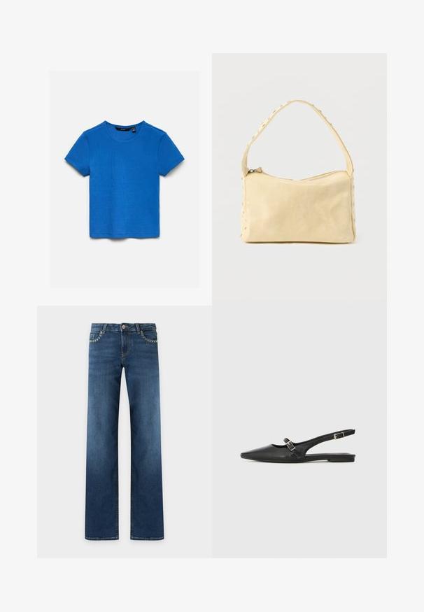 T-shirt bleu en coton côtelé à manches courtes avec col rond et étiquette de marque visible à l’intérieur du col, posé à plat sur fond blanc.; Jean bleu foncé à coupe droite avec cinq poches, fermeture par bouton métal et petits clous argentés le long des bords des poches avant.; Chaussures slingback en cuir noir avec un bout pointu, comprenant une lanière étroite et un accent de boucle argentée sur le côté. Semelle plate.; Petit sac à main en cuir beige avec une seule bandoulière et des clous argentés le long des bords et de la bandoulière, posé sur un fond uni.