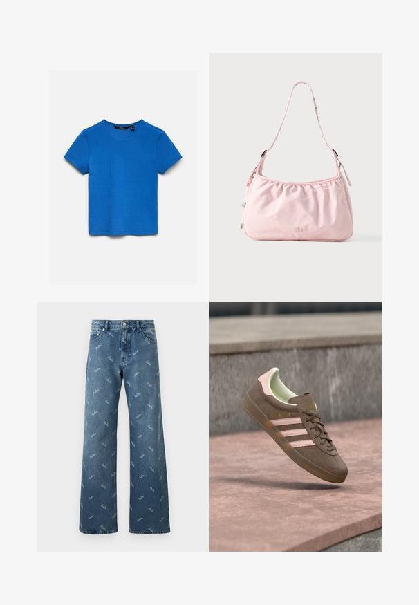 Blå kortærmet ribstrikket bomuld t-shirt med rund halsudskæring og synligt mærke indeni kraven, lagt fladt på hvid baggrund.; Lyseblå denimjeans med bred bendesign, prydet med et gentaget 'lala' logo-mønster i hvid og en klassisk fem-lomme stil.; Brun ruskindsneaker med pinke accenter, tre hvide striber og et gult logo. Har en blød indvendig foring og en struktureret gummisål.; Lyserød skuldertaske med justerbar rem, samlet topkant, lynlås og lille præget logo foran i midten.