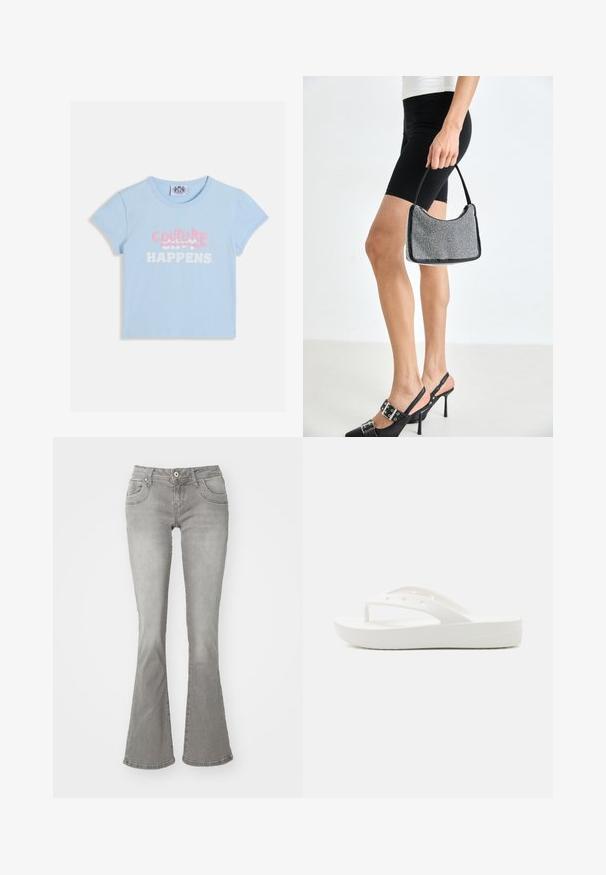 Crop top court à manches courtes de couleur bleu clair avec "COUTURE" en texte graffiti rose sur le slogan blanc "SHIT HAPPENS".; Jeans gris évasés avec une taille mi-haute, poches avant et fermeture à bouton, fabriqués en denim avec une texture lisse.; Sandale en plastique blanc avec un fond texturé, semelle surélevée et fines sangles. Fabriquée en matériau semblable au caoutchouc sans quincaillerie visible.; Sac à main à perles noires avec une silhouette courbée, une poignée de transport et une texture brillante. Porté avec des chaussures à talons hauts noires et un short noir ajusté.