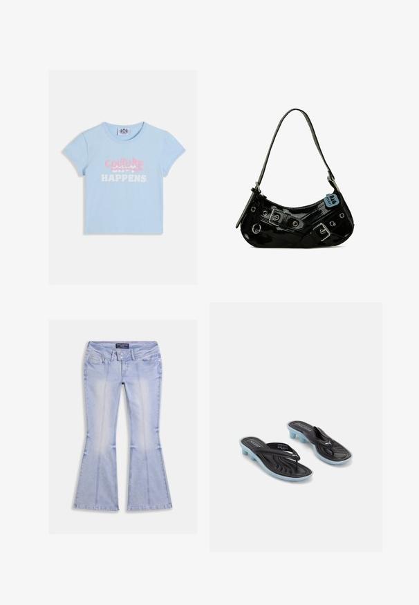 Top corto de manga corta azul claro con "COUTURE" en estilo grafiti rosa sobre el eslogan blanco "SHIT HAPPENS".; Vaqueros acampanados azul claro con bolsillos delanteros y traseros, cierre de doble botón y costuras visibles en toda la prenda.; Chanclas Puma negras y azules con tacones bajos y tiras tipo thong sobre un fondo blanco.; Bolso de mano de charol negro con forma curva, que presenta herrajes plateados, hebillas decorativas y una correa corta. Etiqueta azul adjunta.