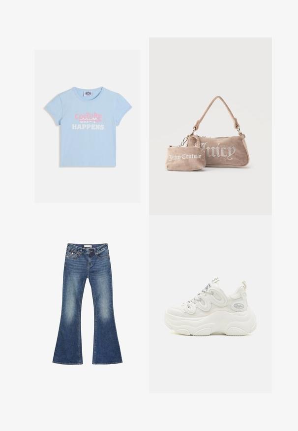 Crop top court à manches courtes de couleur bleu clair avec "COUTURE" en texte graffiti rose sur le slogan blanc "SHIT HAPPENS".; Jeans en denim évasés de couleur bleu moyen avec des détails décolorés. Ils présentent un design classique à cinq poches et des coutures contrastées avec une fermeture à bouton.; Baskets blanches chunky avec une tige en mesh et synthétique, forme incurvée, semelle texturée et système de laçage proéminent avec des détails de logo.; Deux sacs en daim beige Juicy Couture, l'un un petit porte-poignet avec logo, l'autre un sac à bandoulière avec le texte "Juicy" en strass.