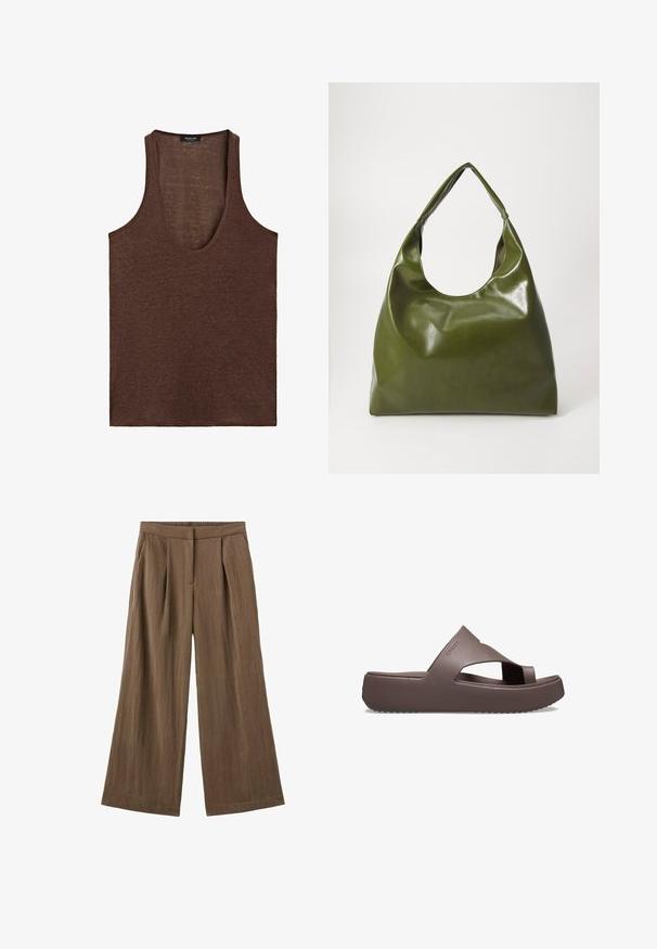Débardeur marron sans manches avec un profond col en U, fabriqué en tissu léger, étiquette Massimo Dutti à l'intérieur du col.; Pantalon large marron avec plis, poches latérales et ceinture élastique, fabriqué en tissu texturé.; Sandales à plateforme marron en matériau en caoutchouc, présentant un design à sangles croisées, un bout ouvert et une semelle texturée pour une meilleure adhérence. Logo sur le côté.; Sac hobo en cuir vert au design décontracté, avec une poignée incurvée et une texture lisse. Ne contient aucun matériel ou accent visible.