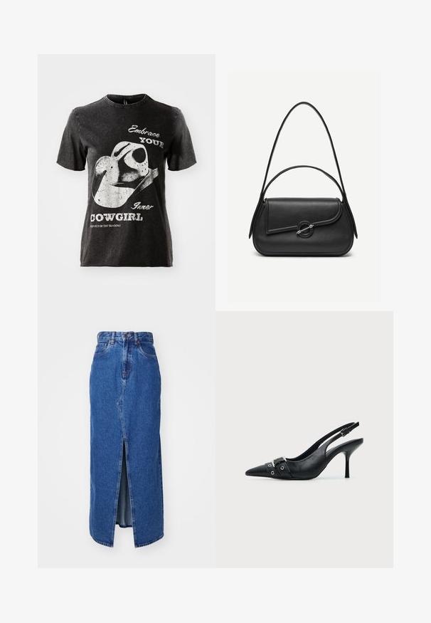 Sort bomulds T-shirt med korte ærmer, der har et grafisk motiv af en cowboyhat og tekst i hvid. Uferdig kant ved halsudskæringen og slidt tekstur.; Denim maxi nederdel i mellemblå med slids foran, høj talje og klassisk fem-lomme design. Har kontrastsyning og lynlåsåbning.; Sort læder højhælet sko med spidst tåparti, slingback og rem med spænde og nitter foran.; Sort læderhåndtaske med afrundede kanter, asymmetrisk klap, metalcirkulært spænde samt både korte og lange skulderstropper.