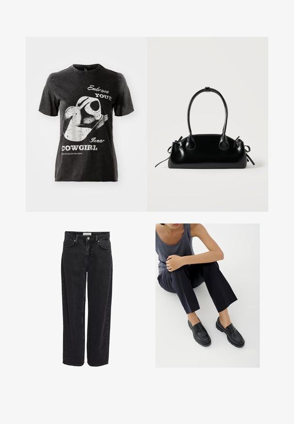 Camiseta de algodón negra con mangas cortas, que presenta un gráfico de un sombrero de vaquero y texto en blanco. Cuello con borde deshilachado y textura envejecida.; Jeans de mezclilla negra de pierna ancha con cintura alta, diseño de cinco bolsillos y cierre de cremallera. Textura suave con detalles mínimos de costuras visibles.; Mocasines de cuero negro con detalles texturizados, tacón bajo, puntera redonda y costuras visibles. Modelo vistiendo pantalones oscuros y una blusa gris.; Pequeño bolso negro brillante con dos asas largas y detalles de cordón lateral sobre un fondo claro liso.
